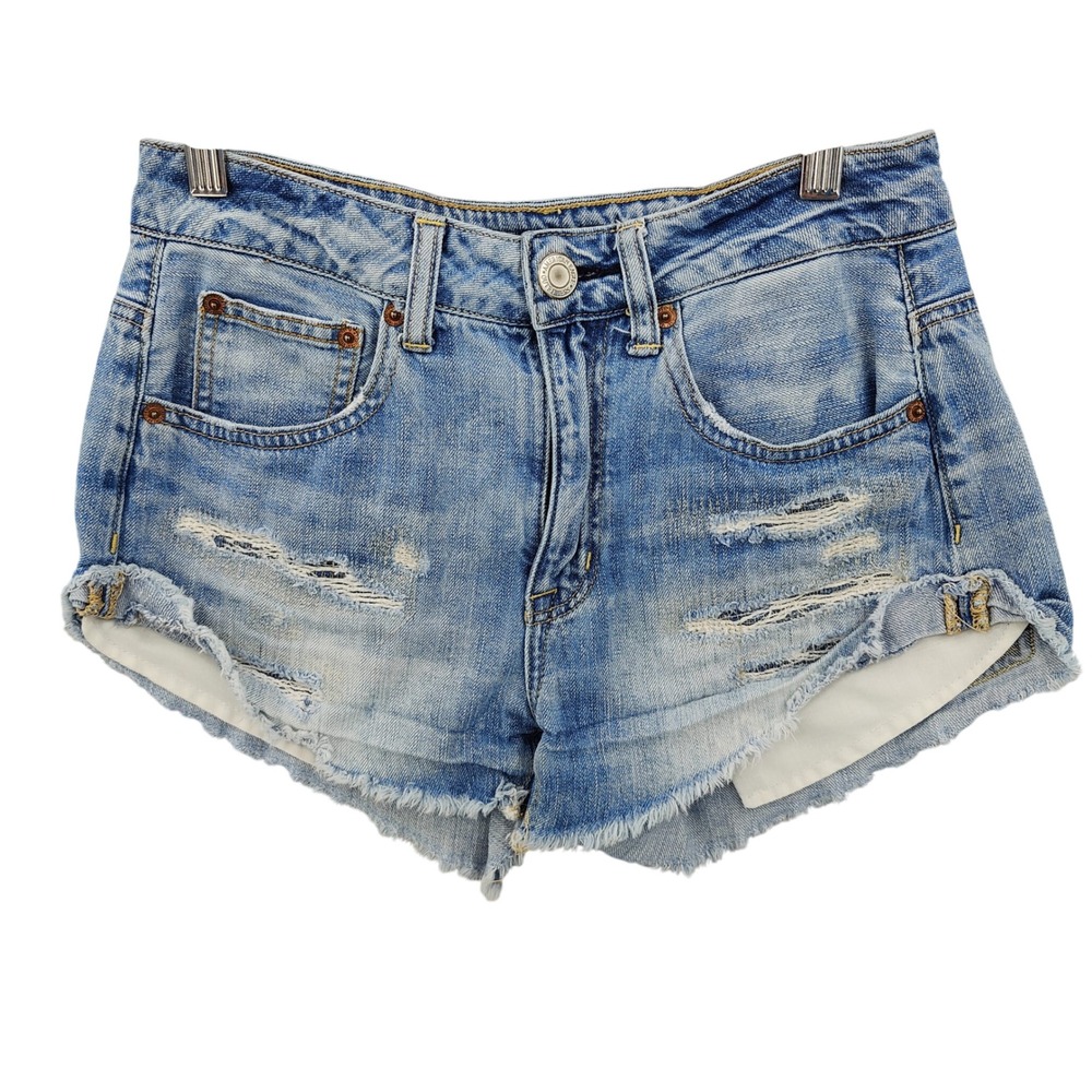 American Eagle Women Festival Hi-Rise Distressed Denim Shorts SZ 2 Blue Raw Hem